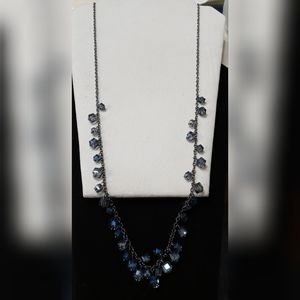 Long Black Plated Blue Rhinestone Cube Necklace